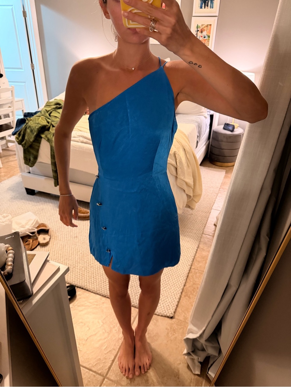 Blue One-Shoulder Mini Dress with Side Button Accents